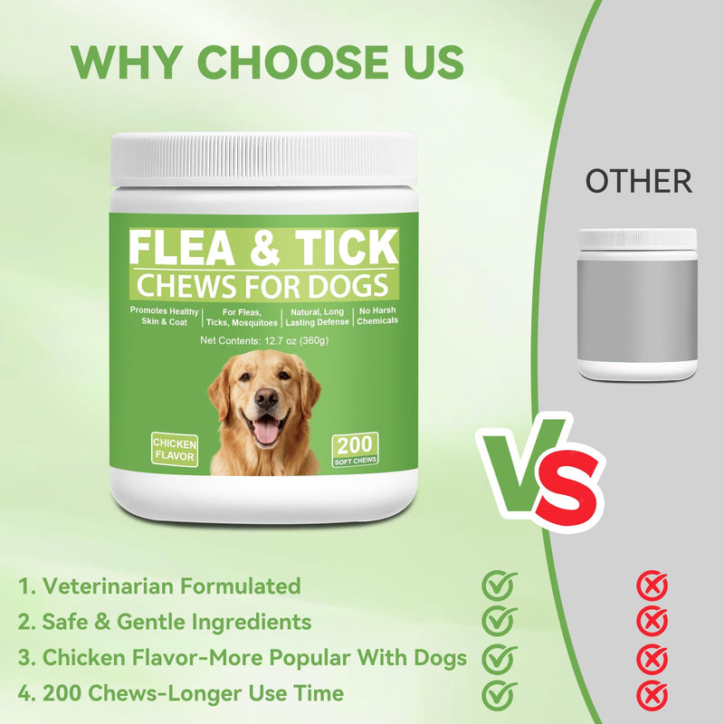 Dog Flea and Tick Chewables for Dogs 200Ct, Natural Support Supplement, Flea Supplement for Dogs, Flea and Tick Chews for Dogs Puppies, All Breeds & Sizes, Digestive Health Chicken Flavor