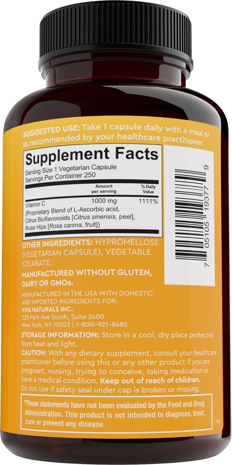 Viva Naturals Vitamin C, 1000 mg, 250 Vegetarian Capsules – with Citrus Bioflavonoids & Rose HIPS, Non-GMO for Immune Support & Antioxidant Protection 250 Count (Pack of 1)
