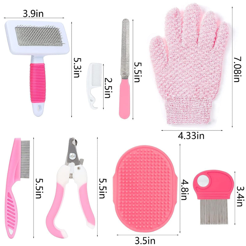 MIAOZ Rabbit Grooming Set with Nail Clippers and Trimmer Pet Hair Remover Long and File, Flea Comb, Shampoo Bath Brush for Rabbits Puppies Kittens Guinea Pigs Ferrets Small Animals (Pink) Pink - BeesActive Australia