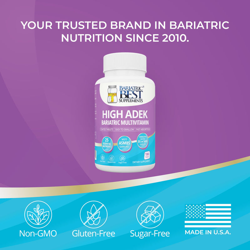 High ADEK Bariatric Multivitamin | DS, SADI & BPD/DS Surgery | Fat-Soluble Vitamins A D E K | 25 Essential Nutrients | ASMBS Compliant | Made in USA | 180 Tablets — 3 Month Supply