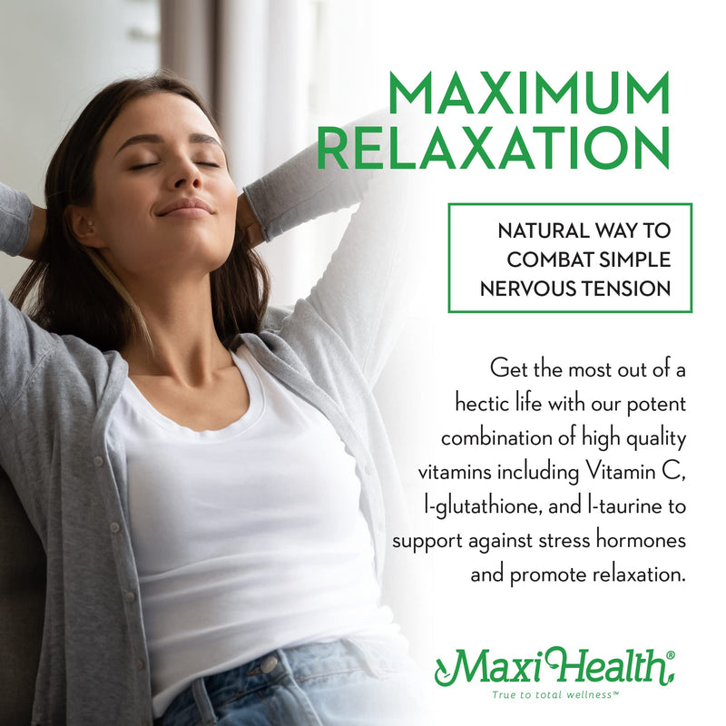 Maxi Health - Relax to The Max Stress Relief Formula (60 Count) Capsules with Vitamin C, Calcium, L-Theanine, L-Taurine & Amino Acids - All Natural Calming & Relaxation Supplements | Kosher | L-Theanine Supplement with Taurine, Vitamin C & Calcium | Ca...