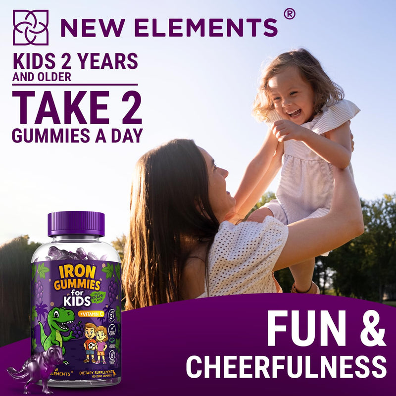 New Elements Iron Dinosaur Gummies for Kids with Vitamin C | Sugar-Free, Vegan, Gluten-Free & Non-GMO | Anemia Relief, Energy & Blood Health Support | Grape Flavor, Pectin-Based for Optimal Health 60 Count (Pack of 1)