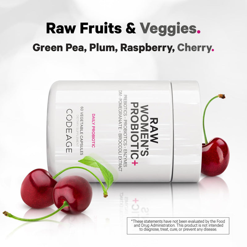 Codeage Raw Women’s Probiotic+ Supplement - 34 Probiotic Strains, 100 Billion CFUs, Digestive Enzymes, Prebiotic Blend, DIM, Herbal Extracts, Phytonutrients - Non-GMO - 60 Capsules