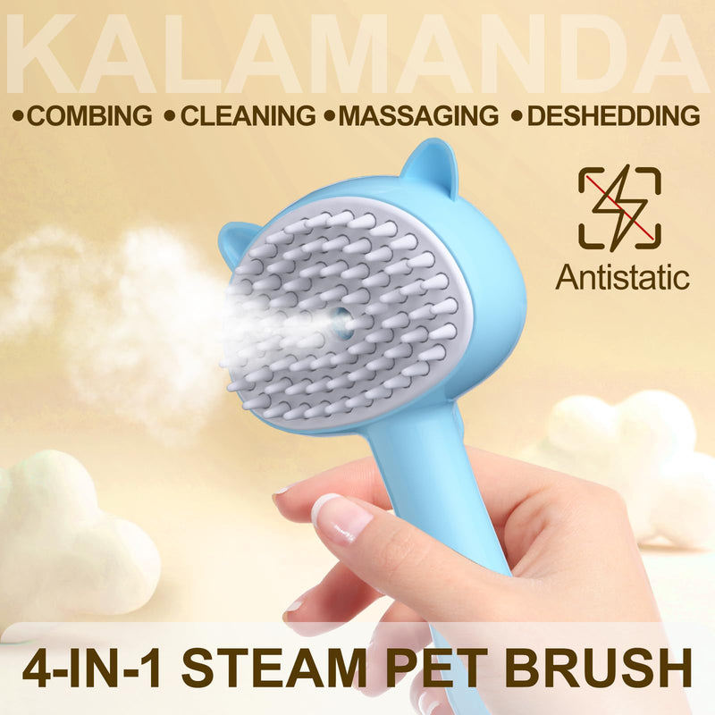 Cat Steam Brush, 4 in 1 Steamy Cat Brush with Handle, Rubber Pet Misting Brush with Release Button, Spary Dog Comb with Cleanser for Indoor Kittens Small Animals(Blue) Blue - BeesActive Australia