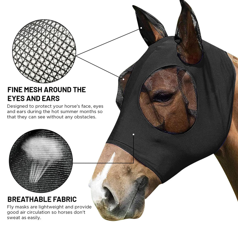 Darryy Fly Mask, Fly Mask Horse, Fly Protection Elastic, Fly Mask Horse UV Protection (Black) Black - BeesActive Australia