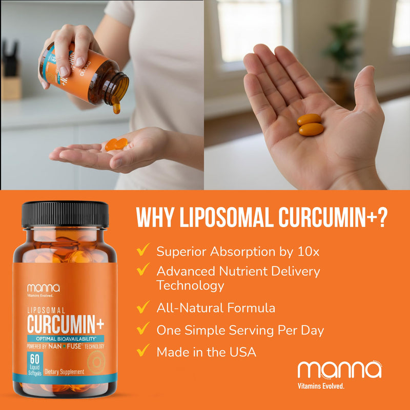 Manna Vitamins Evolved Liposomal Curcumin+ Softgels for Advanced Absorption Best Turmeric Supplement for Daily Joint & Immune Health Support - Non-GMO, 500mg Curcuminoids (60ct)