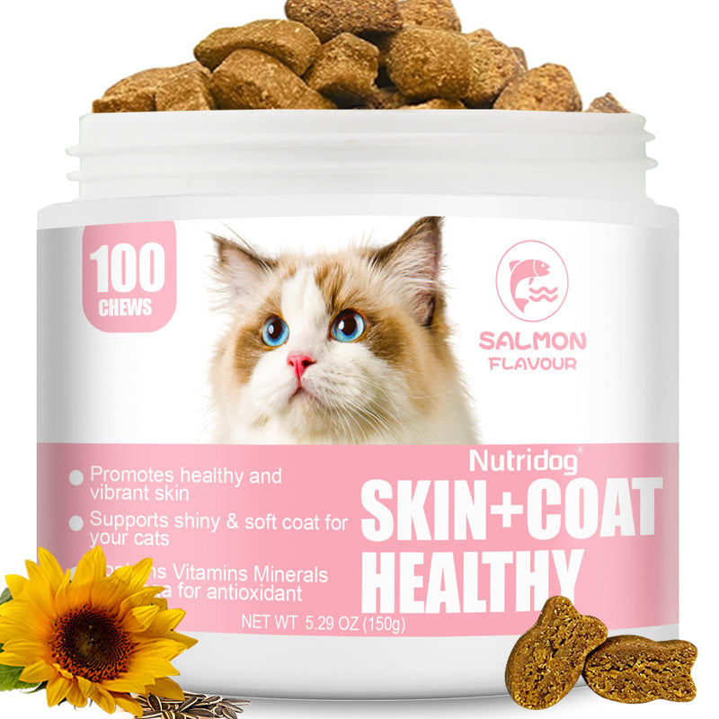 Cat Skin & Coat Chews 100 Count – Omega-3, DHA, Biotin & Vitamin E for Shedding, Dry Skin & Glossy Coat, with Glucosamine & Chondroitin for Joint Support, Salmon Flavor