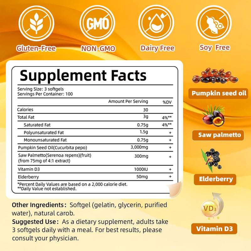 300 Capsules Cold Pressed Pumpkin Seed Oil with Saw Palmetto, Vitamin D3 & Elderberry – Virgin Oil, Supports Prostate, Hair & Urinary Health (Aceite de Semilla de Calabaza)