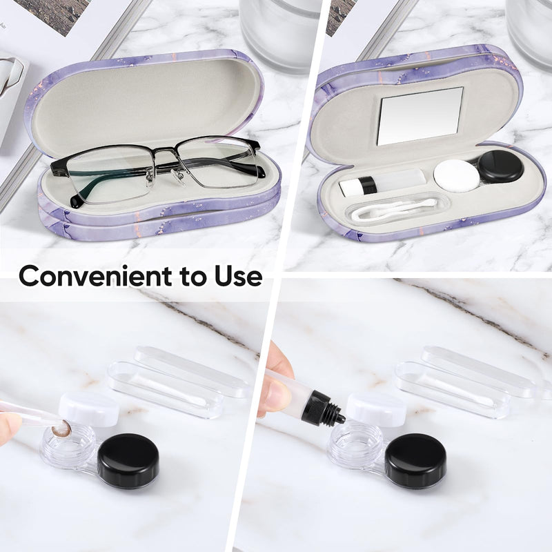 Fintie 2 in 1 Contact Lens Case and Eyeglasses Case, Double Sided Portable Eyeglasses Travel Holder with Built-in Mirror, Tweezer and Contact Lens Solution Bottle Included Lilac Marble