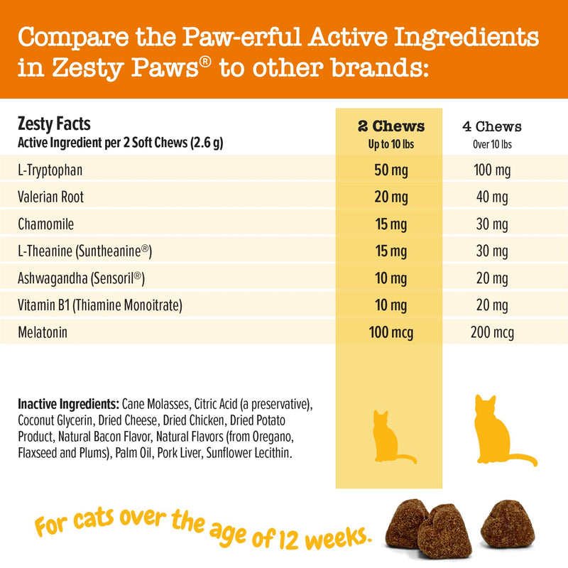 Zesty Paws Calming Chews for Cats - Composure & Relaxation for Everyday Stress & Separation - with Ashwagandha, Organic Chamomile, L-Theanine & L-Tryptophan – Bacon - 60 Count - Cat Cat - Bacon 60 Count (Pack of 1)