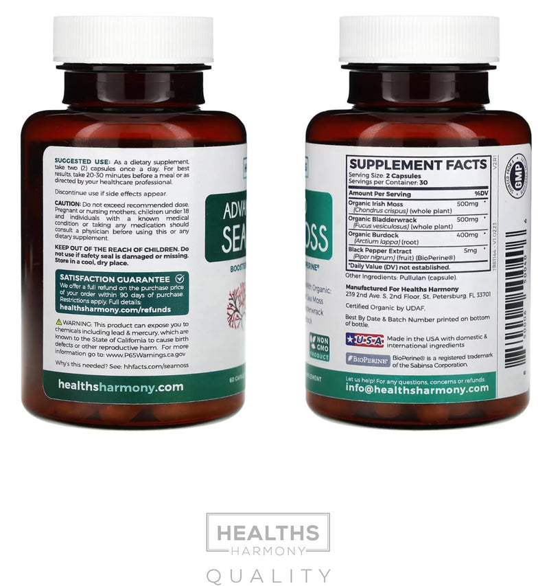 Organic Irish Sea Moss Capsules - Organic Sea Moss Capsules with Bladderwrack Burdock Root and Black Pepper Extract for Enhanced Absorption - Vegan Non-GMO & Made in the USA (1 Month Supply) 60 Count (Pack of 1)