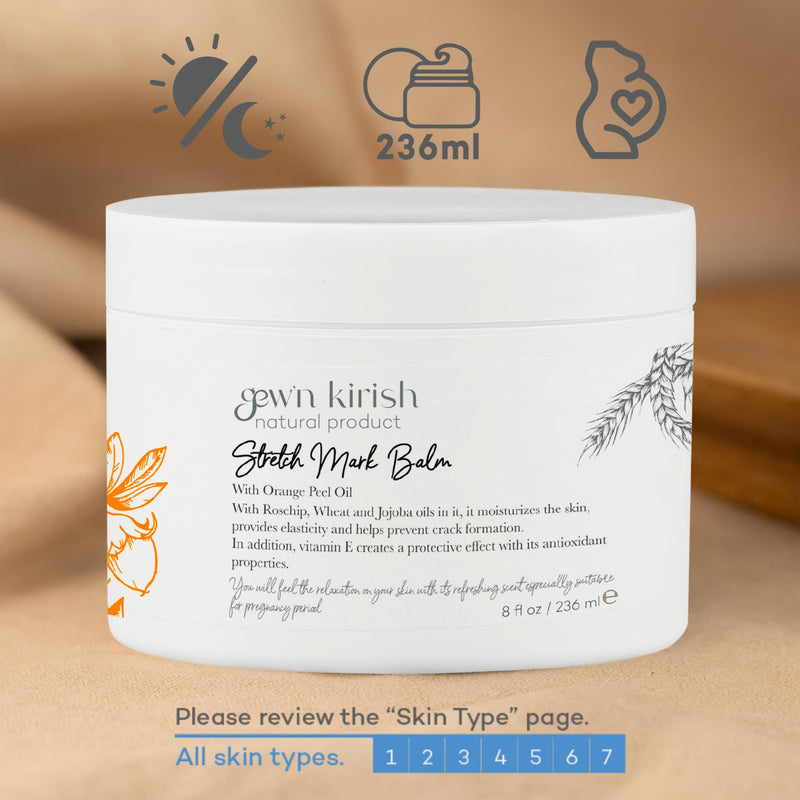 GEW’N KIRISH Natural Stretch Mark Balm – Pregnancy-Safe Moisturizer with Shea Butter, Orange Peel Oil & Jojoba | Non-Greasy, Petrolatum-Free, Whole Body Use, 8 oz