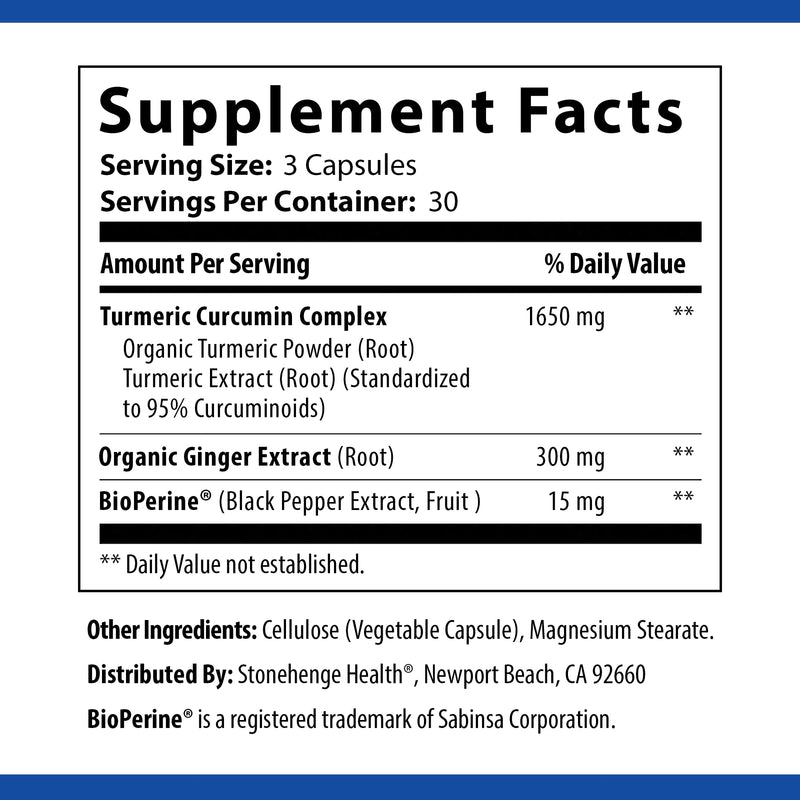 Stonehenge Health Dynamic Turmeric Curcumin with Ginger - High Potency - 1,650 mg Turmeric with 95% Curcuminoids & BioPerine, Supports Joint Pain & Inflammation, 90 Vegetarian Capsules - BeesActive Australia