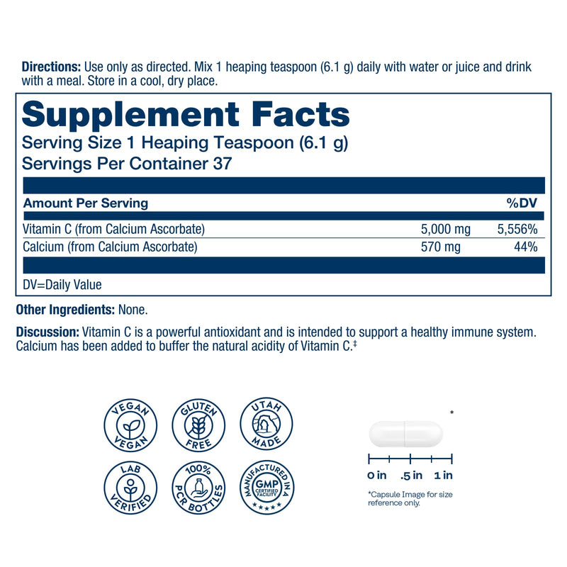 SOLARAY Vitamin C Powder 5000mg - Buffered Vitamin C with 570mg Calcium - Antioxidant and Immune Support Supplement, Heart Health Support - Vegan, Gluten Free, 60-Day Guarantee, 37 Servings, 8oz White