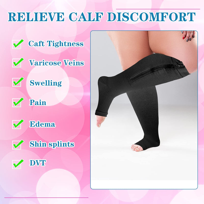 Hillban 2 Pair Plus Size Calf Zipper Compression Socks 15 to 20 Mmhg Open Toe Compression Stockings for Overweight Women Men 4X-Large Black, Nude - BeesActive Australia