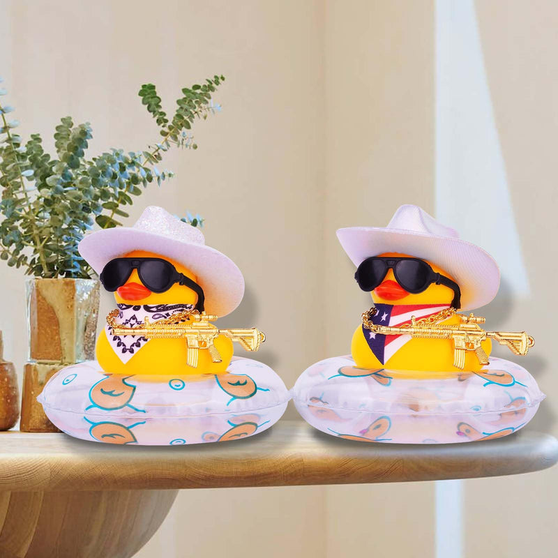 Rubber Duck for Car Dashboard, Cowboy Duck Car Dashboard Decoration Car Duck Ornament Accessories with Mini Swim Ring Glitter Cowboy Hat Scarf Necklace and Sunglasses(B-G5)