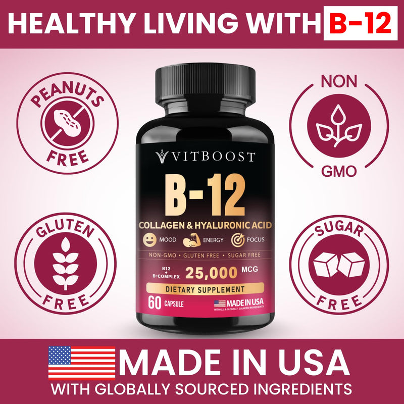 Vitamin B12 with Hyaluronic Acid and Collagen - 25000 mcg B12 Complex, 60Ct | Maximize Absorption & Energy - Folate, B1, B2, B3, B6, B7, B12 Vitamins 5000 mcg Methylcobalamin - Gluten Free 60 Count (Pack of 1)