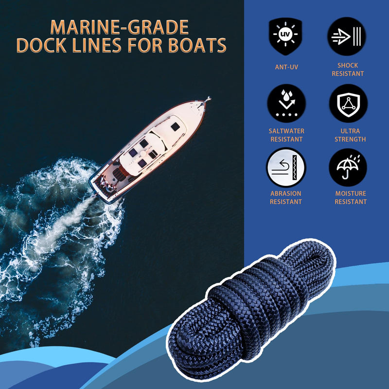 Boat Dock Lines & Ropes for Docking, 4 Pack 5/8" x 15ft Marine- Grade Double Braided Nylon Dock Line, Pre-Spliced with a 12" Eyelet, for Kayak Pontoon Boats Boat Dock Accessories 5/8 15ft-4Pack blue