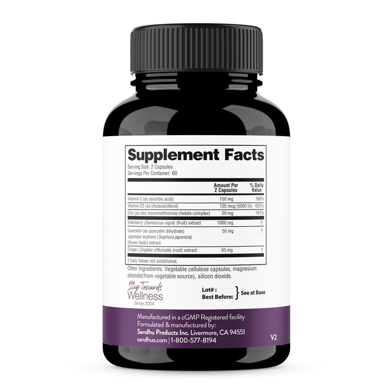 Elderberry Vitamin C and Zinc Capsules with D3 and Quercetin, 240 Count | 6-in-1 Immune Support Supplements For Adults, Sambucus Extract Zink Ginger USA Made in NSF GMP Certified Facility By Sandhu's 120 Count (Pack of 2)