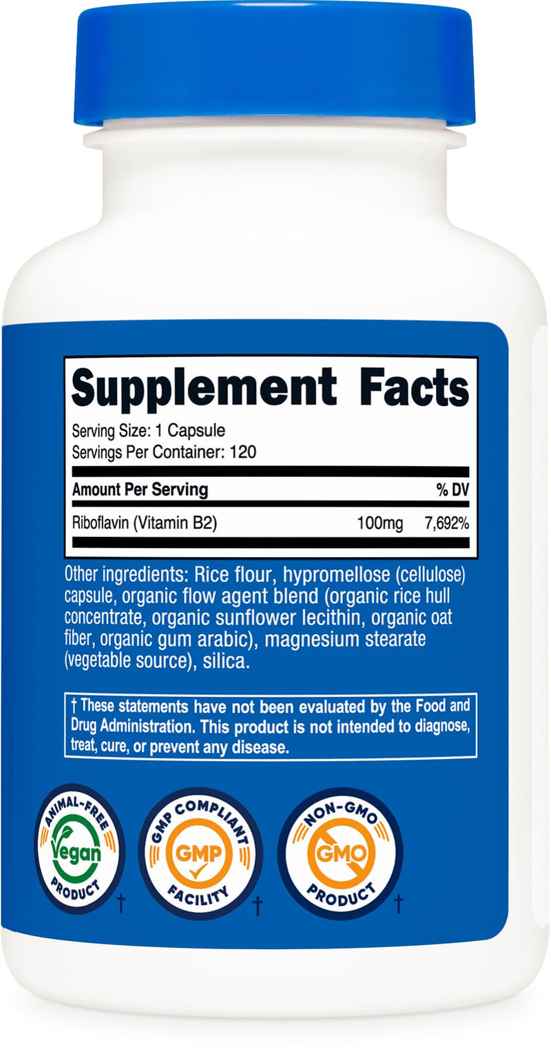 Nutricost Vitamin B2 (Riboflavin) 100mg, 120 Capsules - Gluten Free and Non-GMO (Pack of 3) 120 Count (Pack of 3)