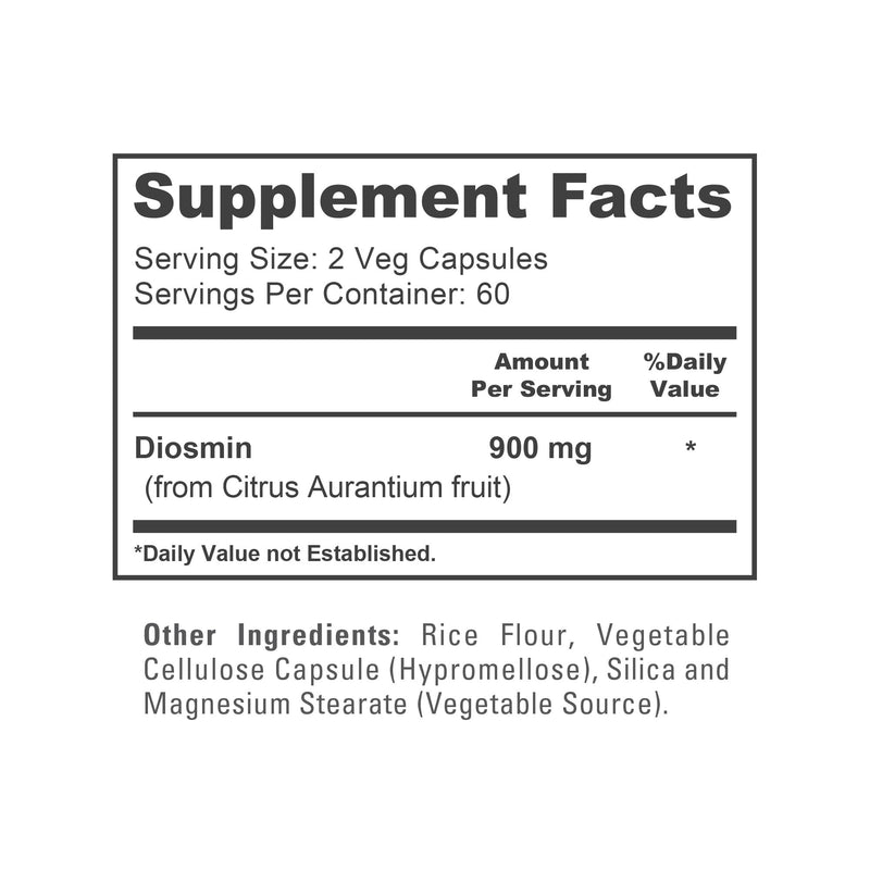 Diosmin, Non-GMO, Vegan, 900mg, 120 Vegetarian Capsules - 60 Servings | Dietary Supplement Formula, Diosmin Citrus Aurantium, Suitable for Adults, Manufactured in a cGMP Registered Facility USA