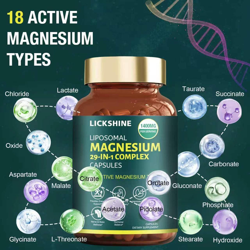 29-in-1 1400mg Liposomal Magnesium Complex for Women & Men Supplement with Glycinate Citrate Malate Oxide - 18 Types Magnesium with Vitamin D3, K2, B6, B12 & Coq10, Support Bone, Muscle, 240 Capsules 2 Packs