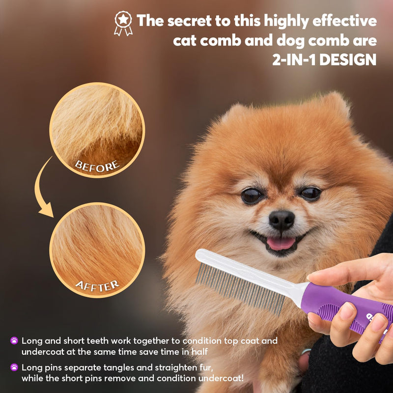 Detangling Pet Comb for Dogs & Cats with Long & Short Stainless Steel Metal Teeth for Removes Tangles and Knots - Detangler Grooming Tool for Dematting Matted Fur. - BeesActive Australia