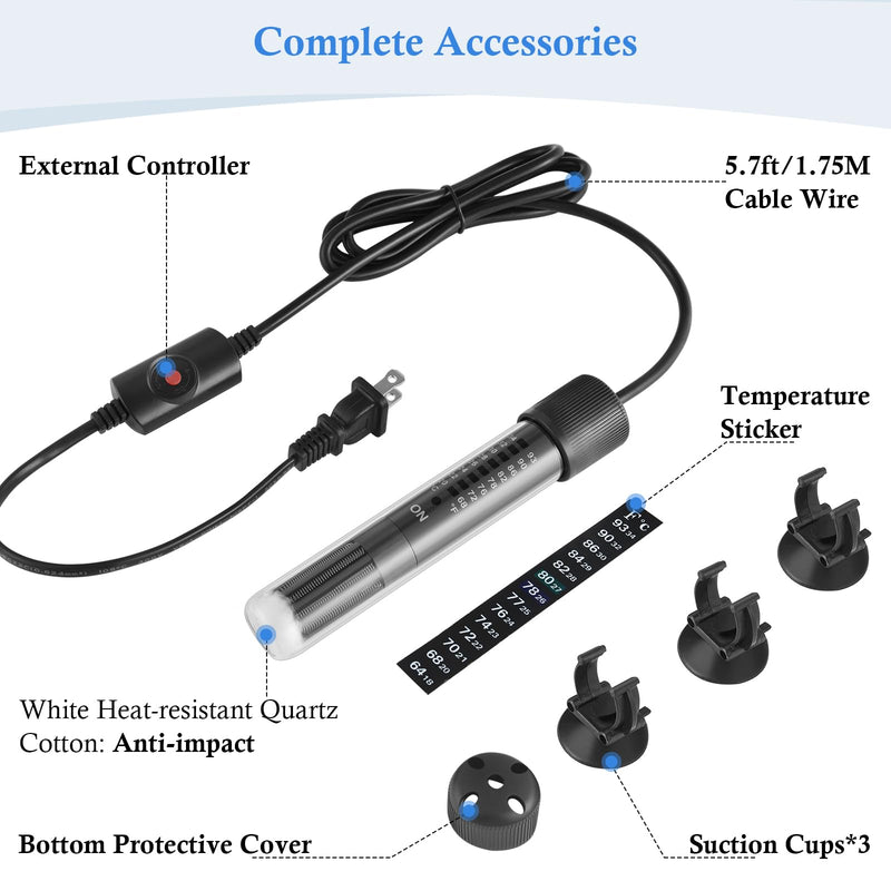 HITOP Thickened Glass Aquarium Heater: 50W 100W 300W Upgraded Fish Tank Heater with Controller, Fish Tank Thermostat Heater for Seawater/Fresh Water 5-65Gal