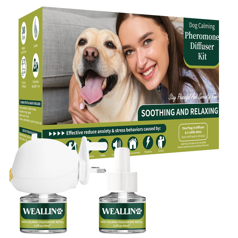 WEALLIN Dog Calming Diffuser Kit 3-in-1 Dog Pheromone Diffuser Set 1 Diffuser + 2 Refill 48ml Vials - 60 Days of Calming and Relaxing 1 diffuser, 2 refills