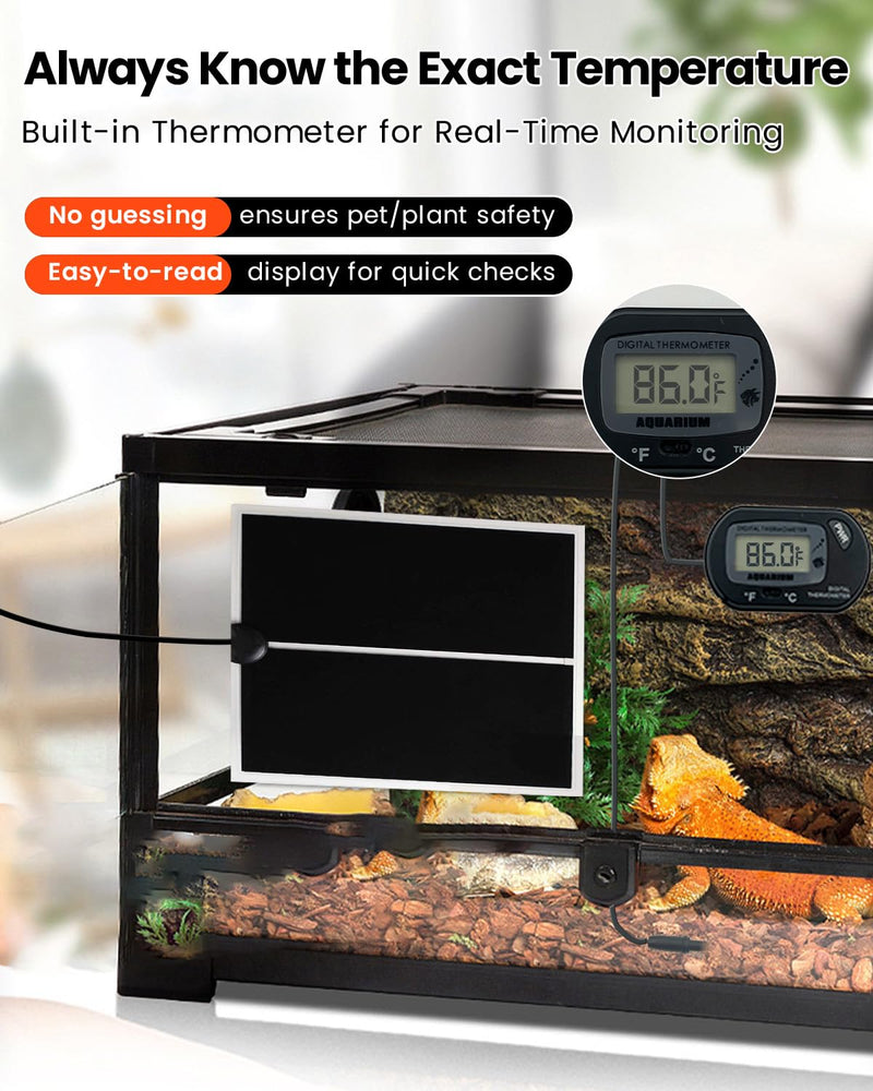 MQ Reptile Terrarium Heat Pad with LCD Digital Aquarium Thermometer, 6 x 11in Power Adjustment Under Tank Heater Mat for Pets, Small Animals, Seedling, 7W 7W, 6*11 in