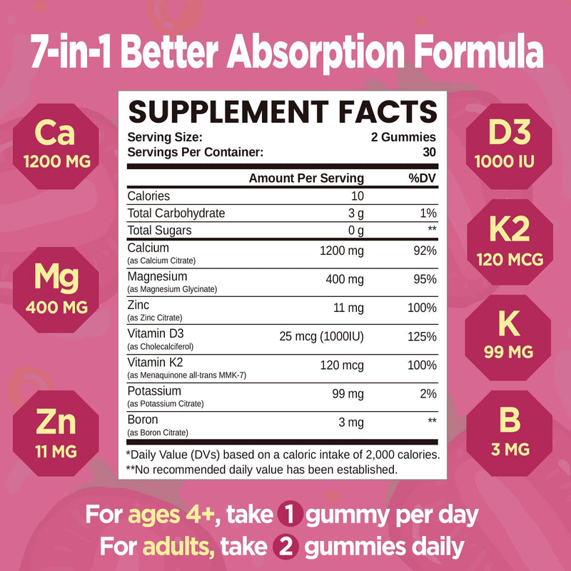 Calcium 1200 mg with Vitamin d3, K2, High Absorption Calcium Citrate with Vitamin D3, K2, Magnesium, Zinc, Potassium, Boron, Calcium Supplements for Women & Men, Sugar-Free, Vegan, 60 Gummies