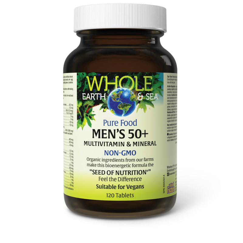 Natural Factors Whole Earth & Sea Men's 50+ Multivitamin & Mineral - Daily Nutritional Support Multivitamin - Supports Brain Health & Immune System Function - Vegan - 120 Tablets (60 Servings) 120 Count (Pack of 1)