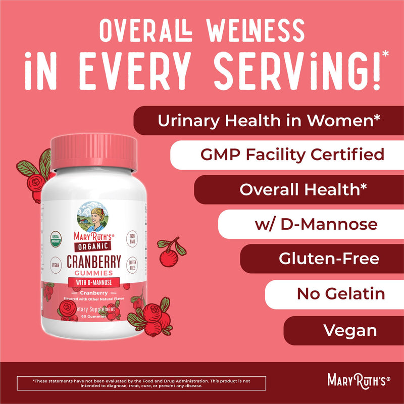 MaryRuth Organics Organic Cranberry Gummies - 500mg Supplement | Urinary Tract Health for Women | with D Mannose | Traditional Use | USDA Organic | Vegan | Non GMO | 30 Servings 60 Count (Pack of 1) - BeesActive Australia