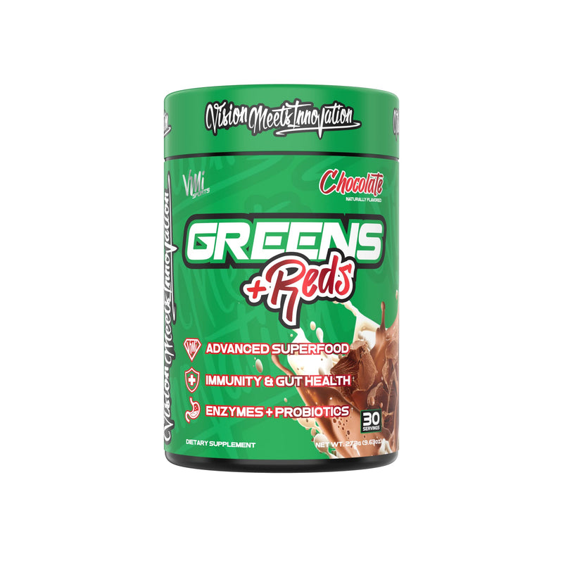 VMI Sports Greens + Reds Advanced Superfood Immunity and Gut Health | Enzymes & Probiotics | 30 Servings (Chocolate) | Superfood powder with greens reds enzymes and probiotics for convenient daily mixing with water or smoothies. Chocolate