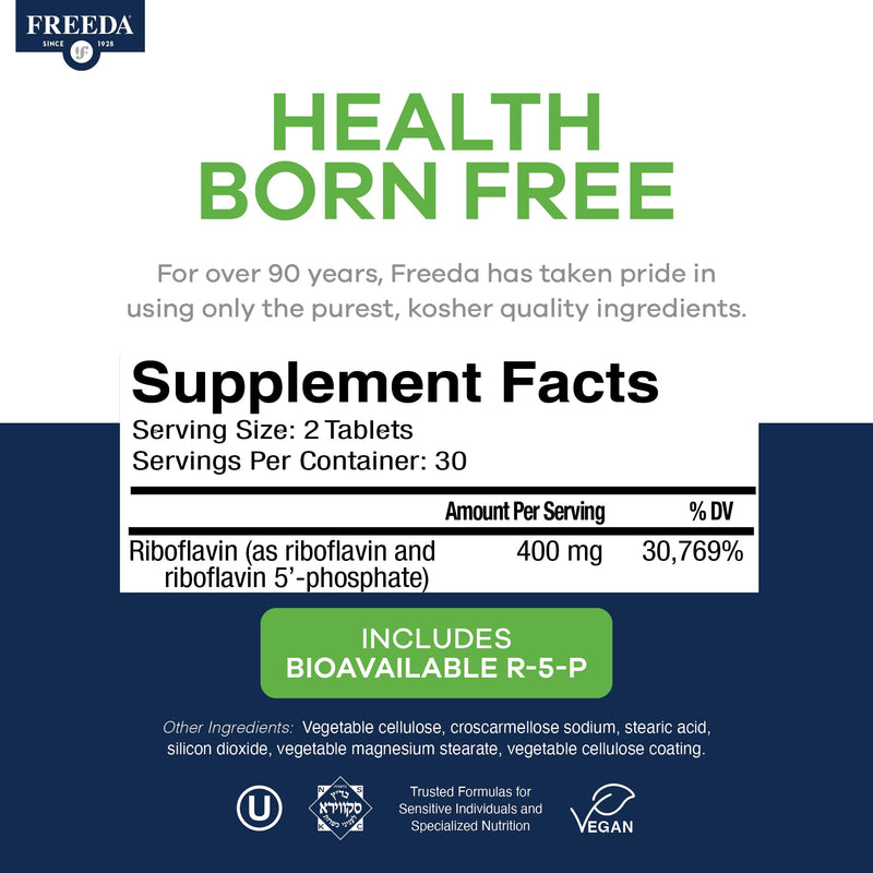 FREEDA Vitamin B2 400mg Riboflavin Supplement - 60 Vegan Tablets | High-Potency B2 Vitamin with Riboflavin-5-Phosphate to Support Energy, Metabolism, & Nervous System Health
