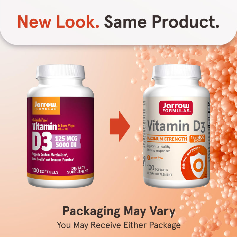 Jarrow Vitamin D3 Supplements 125 mcg (5,000 IU), 100 Softgels | Vitamin D Supplement For Bone Health, Immune Support & Calcium Metabolism Support, Gluten Free, D3 Vitamins, 100 Servings Unflavored 100 Count (Pack of 1)