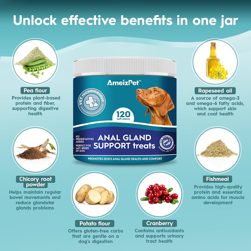 AmeizPet Anal Gland Soft Chews Treatment For Dogs, Functional Digestive Fiber Treats For Dogs Glands Healthy Dog Chews, 120 Soft Dog Treats 120 Treats