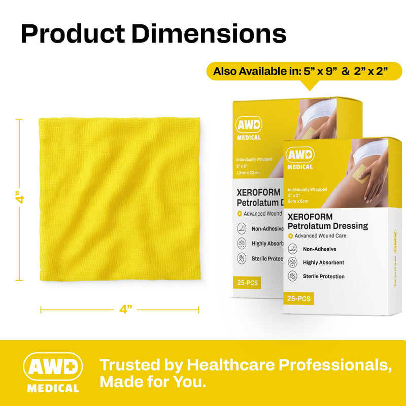 AWD Medical Xeroform Petrolatum Dressing - Non-Adhering Gauze Pad - Fine Mesh Gauze Patch Sterile - Healthcare Supplies for Wound Care, Burns, Lacerations, & Skin Grafts Aide (Box of 25) (4"x4") 4"x4" (25 Pack) - BeesActive Australia