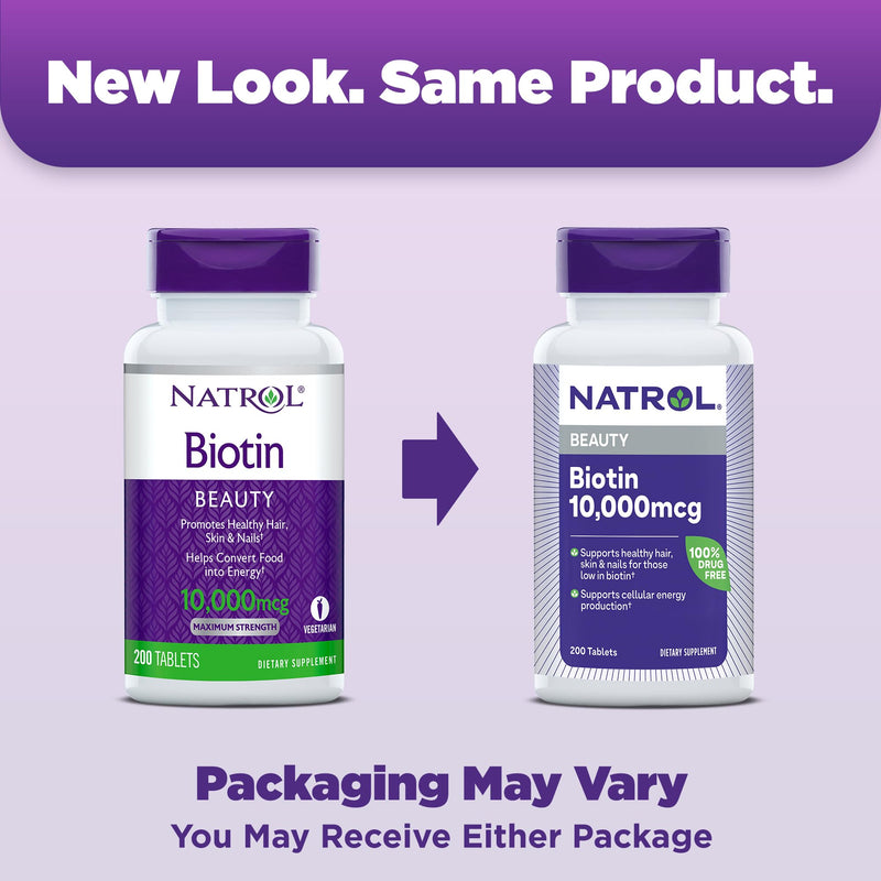 Natrol Biotin 10000mcg, Supplement for Healthy Hair, Skin and Nails for Those Low in Biotin, Plus Energy Metabolism Support, 200 Tablets, Up to a 200 Day Supply,(Pack of 2) Unflavored 200 Count (Pack of 2)