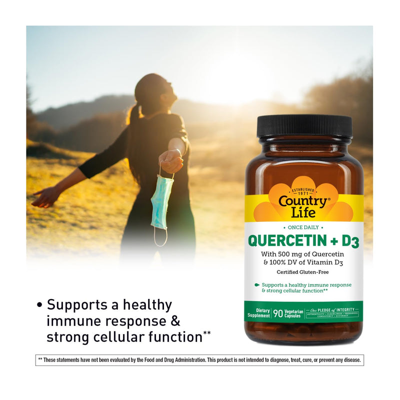 Country Life Quercetin 500mg Capsules with Vitamin D3 800 IU – Immune Support Supplement for Adults – Daily Immune Boosters – Quercetin Immune System Boost, 90 Capsules