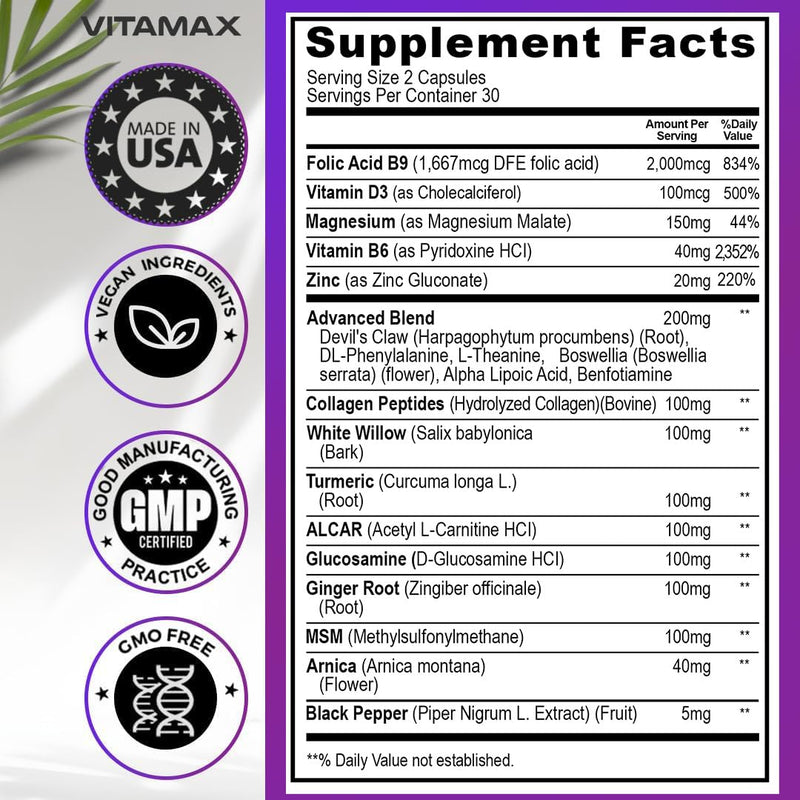 Sciatica Nerve Health Support - Sciatic Nerve Supplement Capsules with Folic Acid, Pea, Glucosamine, MSM, Vitamin B Complex, Alpha Lipoic Acid 300mg - Made in USA (60 Count (Pack of 2)) 60 Count (Pack of 2)