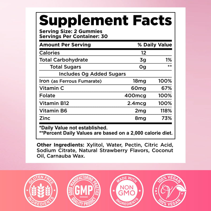 2 Pack Iron Gummies for Women & Men - Iron Supplement with Vitamin B6, B12, C, Zinc, Folate for Adults & Kids - Support Iron Deficiency, Anemia, Energy Boost, Blood Builder - Sugar Free Strawberry 60 Count (Pack of 2)