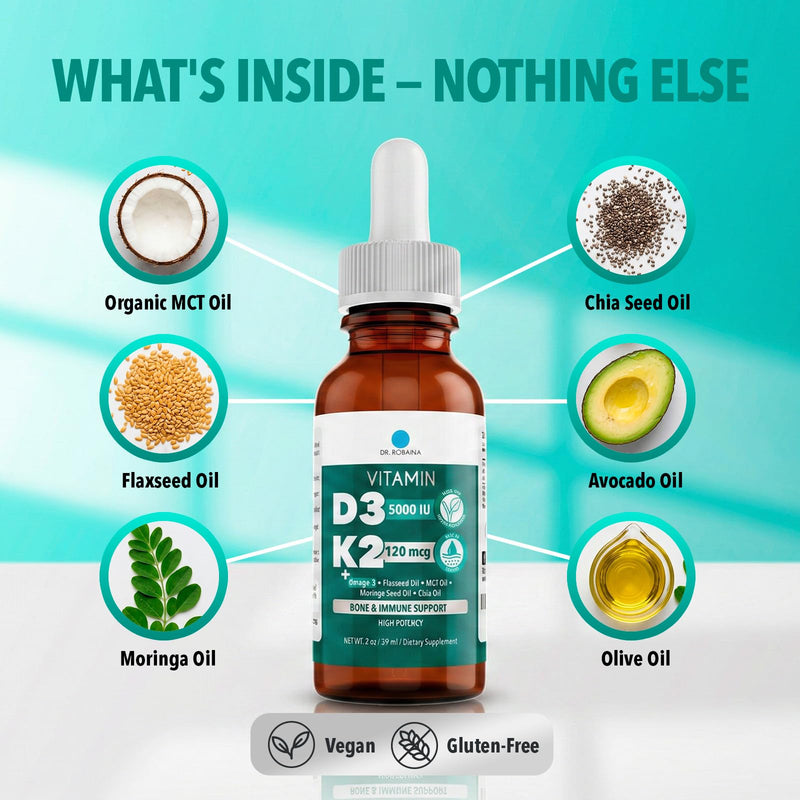 Dr. Robaina Vitamin D3 + K2 Drops – Vegan MCT Oil Liquid Supplement, 5000 IU D3 & 120 mcg MK-7, Sublingual Daily Vitamin D and K 3 Units