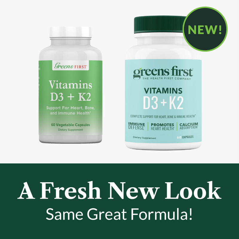 Greens First Vitamins D3+K2, 60 Vegetable Capsules | Support for Heart, Bone, Vascular and Immune Health, Made with Vitamin D3 & Vitamin K2
