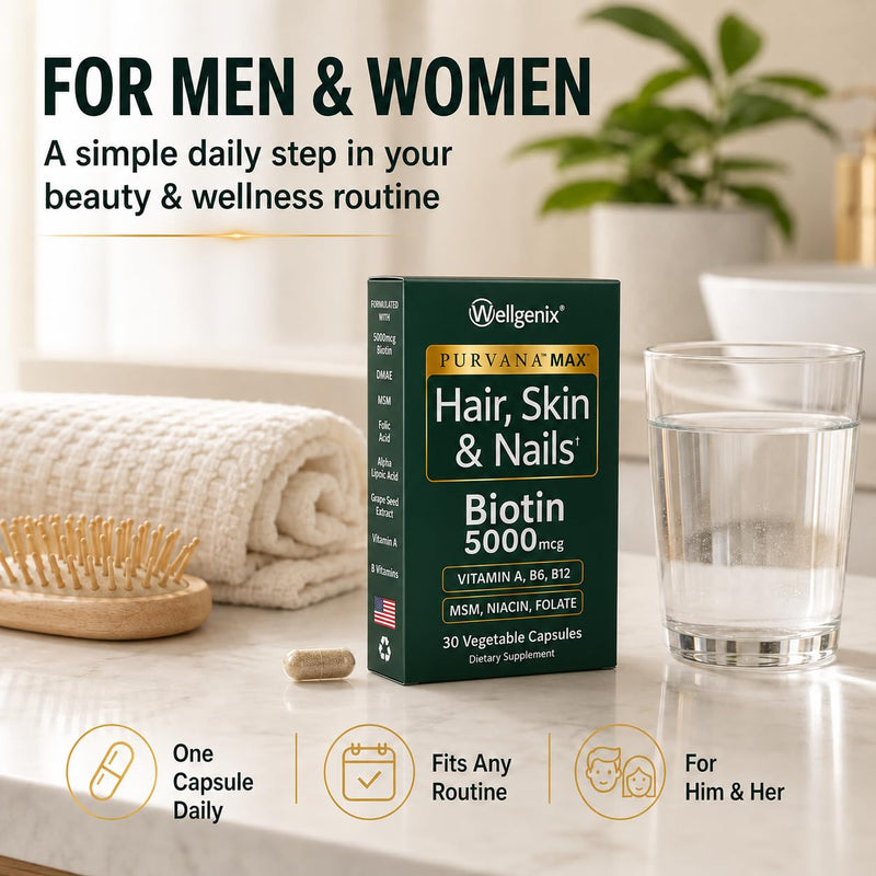 Wellgenix Purvana MAX Hair Skin & Nails Vitamins, Biotin 5000, 60 Ct 2-Pack | Biotin, MSM & hyaluronic acid in vegetable capsules for thicker, fuller hair, stronger nails & a clearer, radiant complexion 30 Count (Pack of 2)