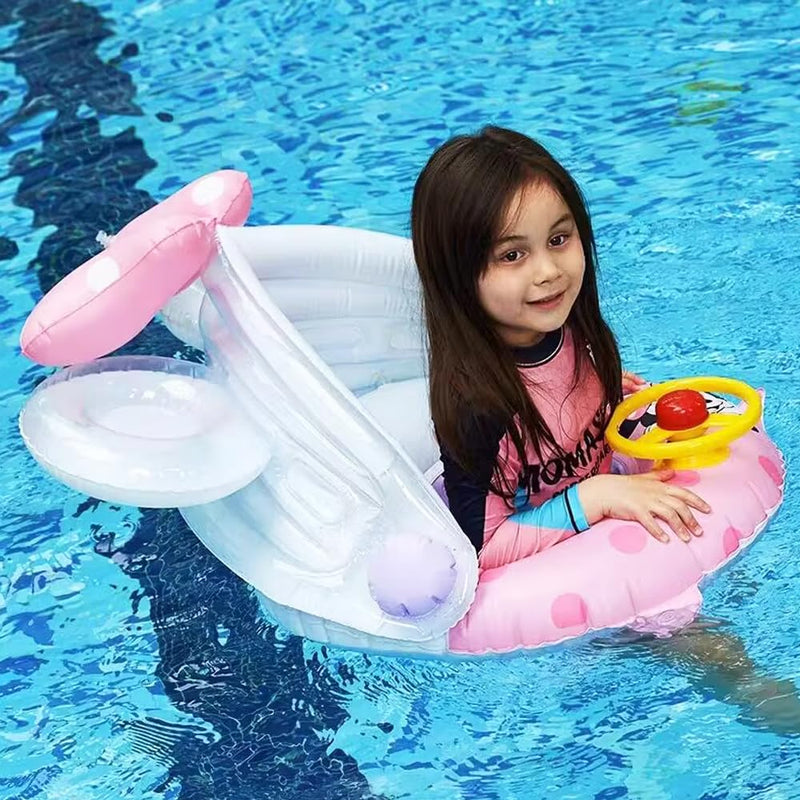 Arcimatto Baby Swimming Pool Floats with Removable Sun Protection Canopy, Cute Inflatable Raft with Seat and Handle, No Flip Over Kids Infants Boat Swim Ring for Toddlers 8-36 Months Pink Mouse - BeesActive Australia