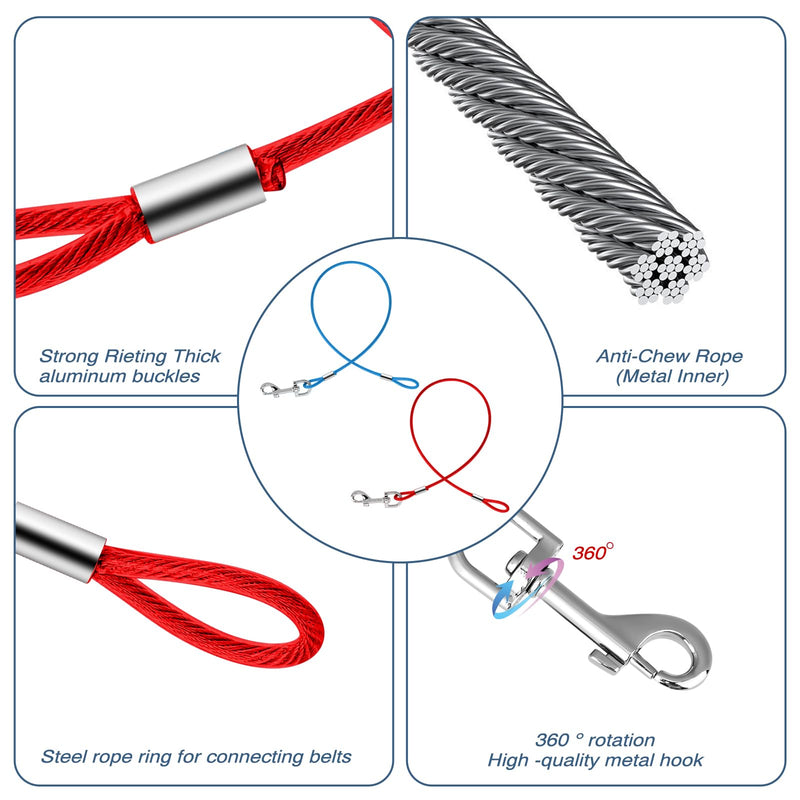 Chew Proof Cable Dog Leash Extension, 2 Pack Metal Cable Leads, Heavy Duty Dog Leash Non-Tangle Connect Leash for Any Leash & Collar & Harness, Dog Leash Extender (Red, Blue) - BeesActive Australia