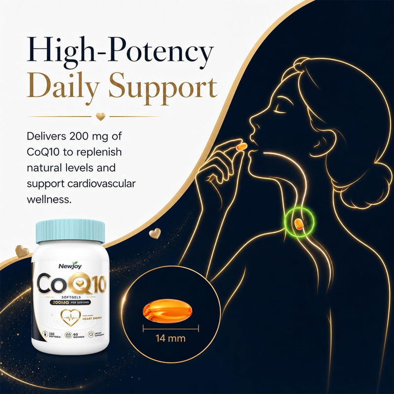 NewJoy CoQ10 200mg Mini Softgels with Vitamin E & Coconut Oil Base, 120 Count, High Absorption Ubiquinone Coenzyme Q10 Supplement, Supports Heart Health, Cellular Energy & Antioxidant Defense, Non-GMO