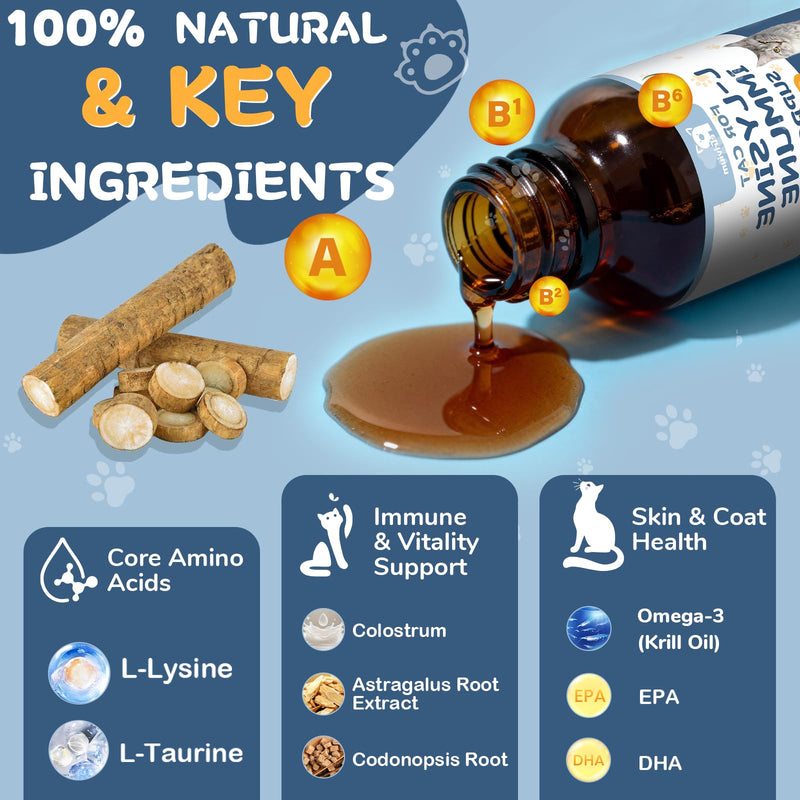 L-Lysine Supplement for Cats - Vitamins & Taurine for Immune Support & Allergy Relief - Lysine for Respiratory, Sneezing, Runny Nose, Eye Function - Natural Cat Antibiotic Drops - 60ML Slamon Flavor