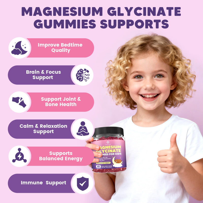 Kids Magnesium Gummies, Magnesium Glycinate Gummies 400mg/200mg with L-Theanine, Chamomile, Vitamin B6, D3 for Kids, Relaxation & Zzz Support, Nerve Bone - Sugar Free Mixed Berry Flavor 60ct 60 Count (Pack of 1)